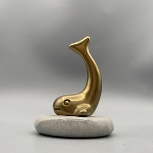 Vintage Brass Whale Figurine Marble Base Paperweight 3.5 in Made in Taiwan